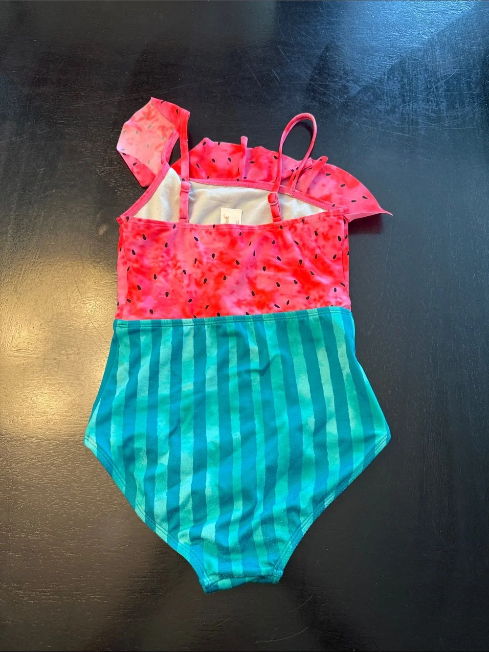 Girls Watermelon One-Shoulder Ruffle Swimsuit in Pink and Teal